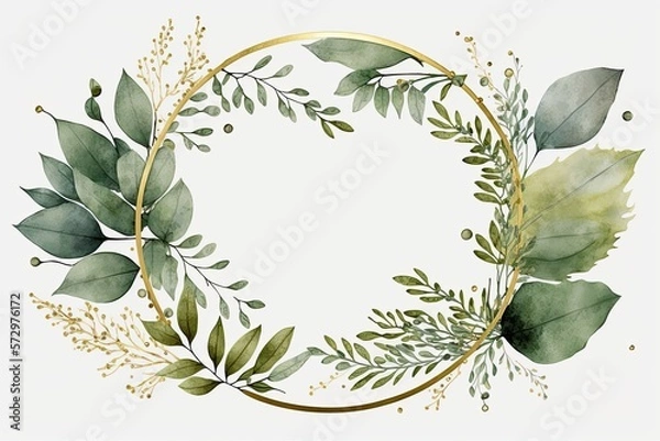 Fototapeta watercolor green leaves wreath with gold circle. Generative Ai