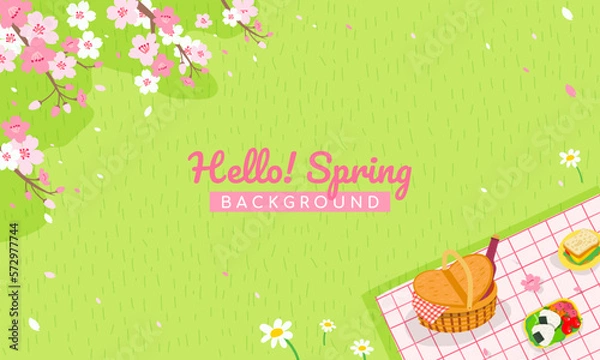 Obraz Hello! Spring background vector illustration. Picnic under Cherry blossoms trees