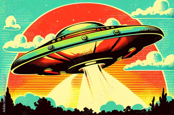 Fototapeta Extraterrestrial UFO Flying Saucer, dynamic view, colorful illustration in Retro 60s and 70s Poster Style, generative ai