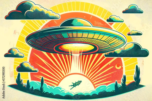 Fototapeta Extraterrestrial UFO Flying Saucer, dynamic view, colorful illustration in Retro 60s and 70s Poster Style, generative ai
