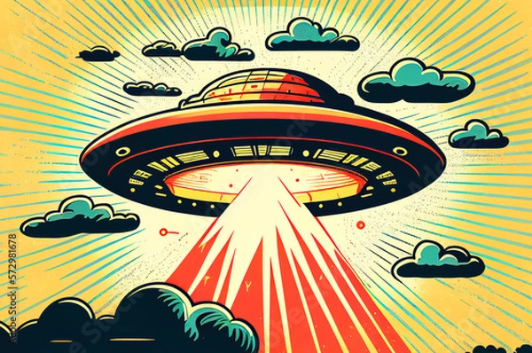 Fototapeta Extraterrestrial UFO Flying Saucer, dynamic view, colorful illustration in Retro 60s and 70s Poster Style, generative ai