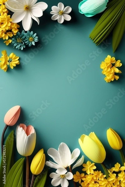 Fototapeta Top view of colorful paper cut flowers on cyan background with copy space