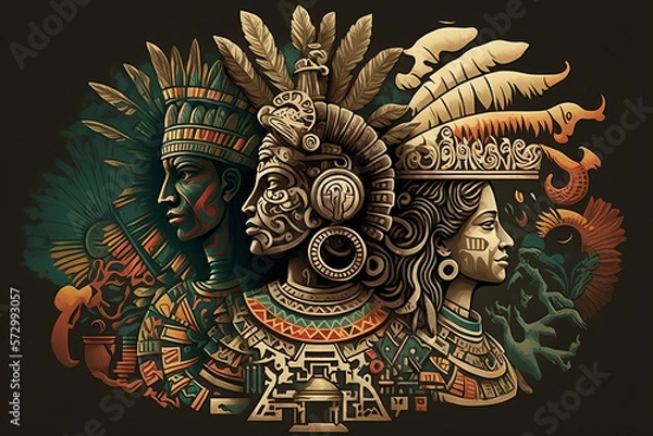 Fototapeta ancient Azteca civilization with iconic symbols such as the Aztec calendar and the feathered serpent god, Quetzalcoatl, alongside Aztec warriors in headdresses. generative AI