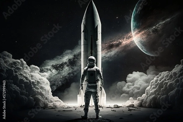 Fototapeta astronaut standing before a towering rocket, ready to embark on a journey into the infinite expanse of space.