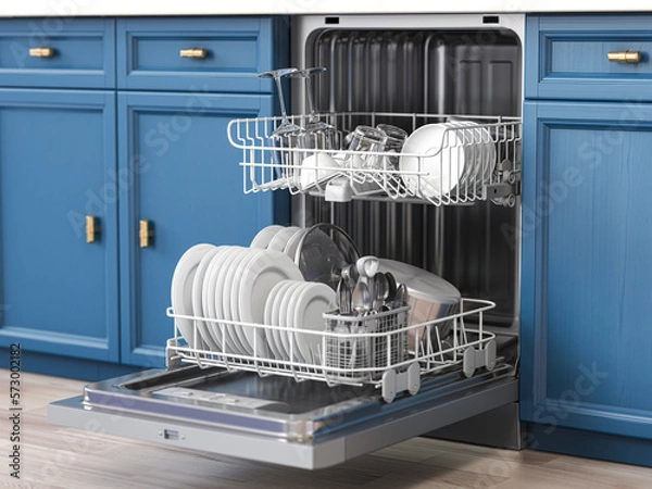 Obraz Open  dishwasher  with clean dishes inside in kitchen.