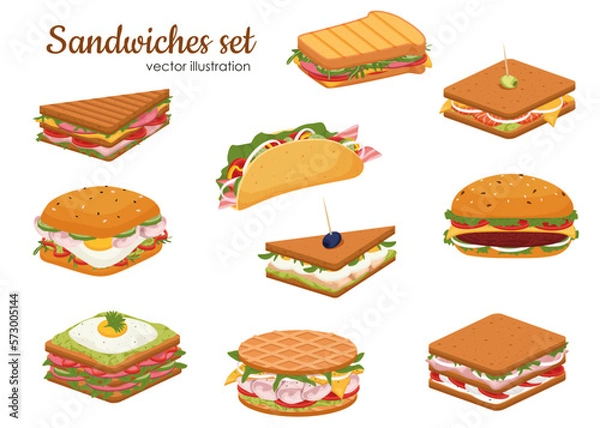 Fototapeta Set of delicious juicy sandwiches filled with vegetables, cheese, meat, bacon. Crispy toast, croissant and bun sandwiches vector set. Tasty snack for lunch or breakfast with fresh ingredients