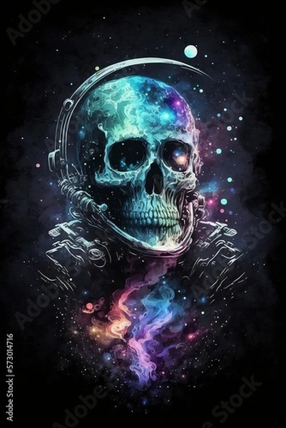 Obraz A skeleton astronaut keeping count of the days in a desolate lunar outpost, evoking a sense of eerie solitude and existential contemplation, illuminated by the cold blue light of the moon and the fain