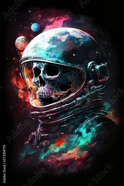 Obraz A skeleton astronaut keeping count of the days in a desolate lunar outpost, evoking a sense of eerie solitude and existential contemplation, illuminated by the cold blue light of the moon and the fain