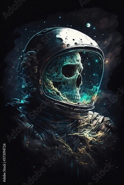 Fototapeta A skeleton astronaut keeping count of the days in a desolate lunar outpost, evoking a sense of eerie solitude and existential contemplation, illuminated by the cold blue light of the moon and the fain