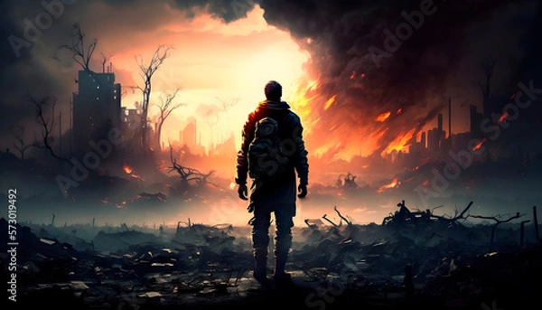 Fototapeta Post-apocalyptic world, a person against the backdrop of a destroyed city