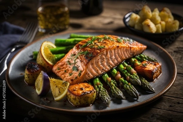 Fototapeta A piece of grilled salmon with asparagus and roast potatoes