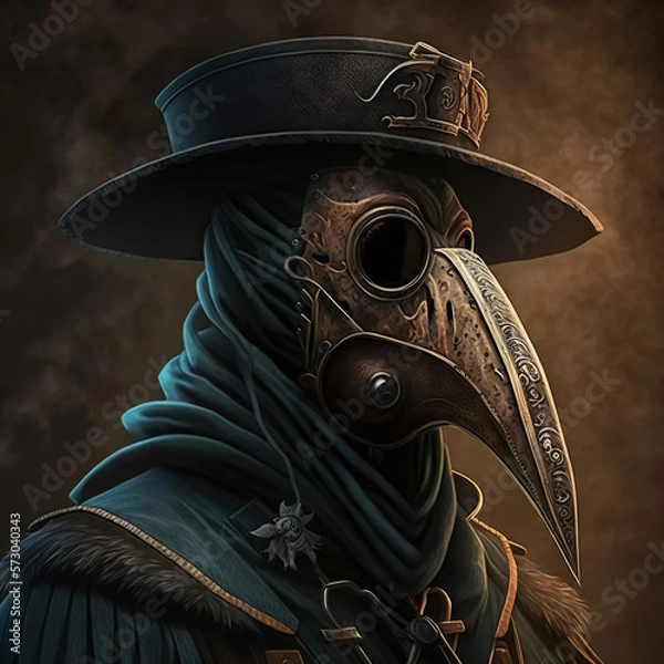 Fototapeta Plague mask, hat and costume of medieval doctor. Generative AI
