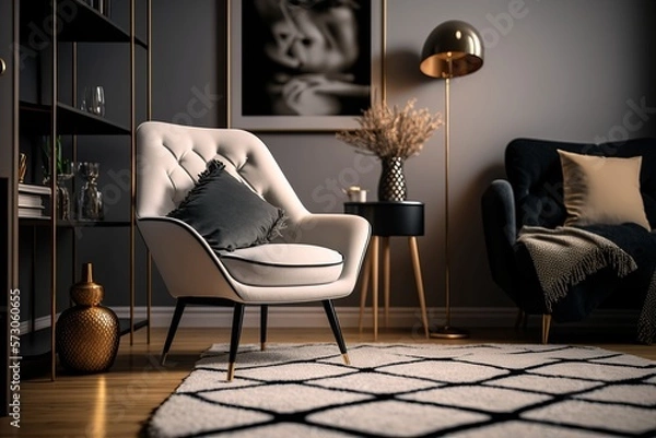 Fototapeta Stylish interior of living room with design leather armchair
