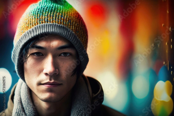 Fototapeta Asian man wearing colorful beanie cap, generative Ai