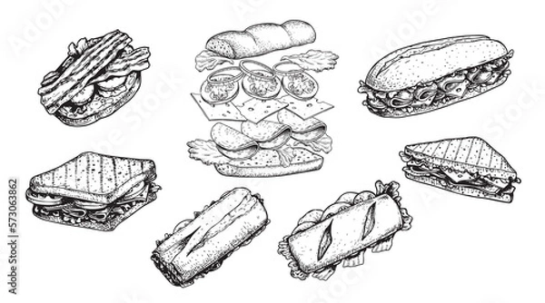 Fototapeta Hand drawn sketch sandwiches set. Submarine type sandwiches with lettuce leaves, salami, cheese, bacon, ham and veggies. Top and perspective view. Sandwich constructor. Flying ingredients. Fast food.