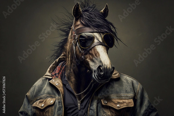 Obraz horse in jacket, rapper or bandit, gangster, cool horse. Illustration. Generative AI.