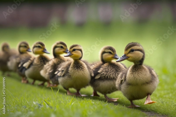 Fototapeta Quack Squad: A Group of Adorable Baby Ducks Go To Work