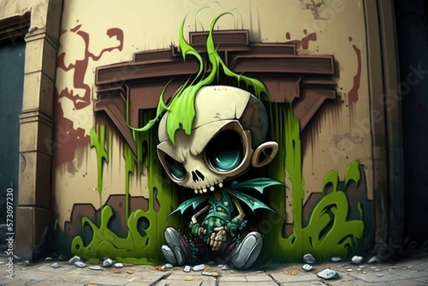 Fototapeta graffiti urban skull chibi - generative ai