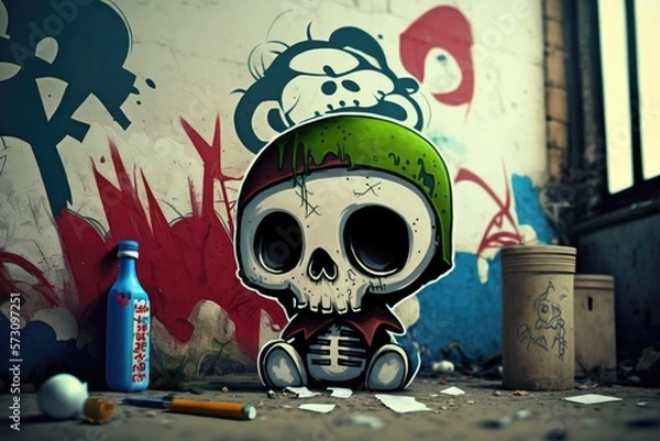 Fototapeta graffiti urban skull chibi - generative ai