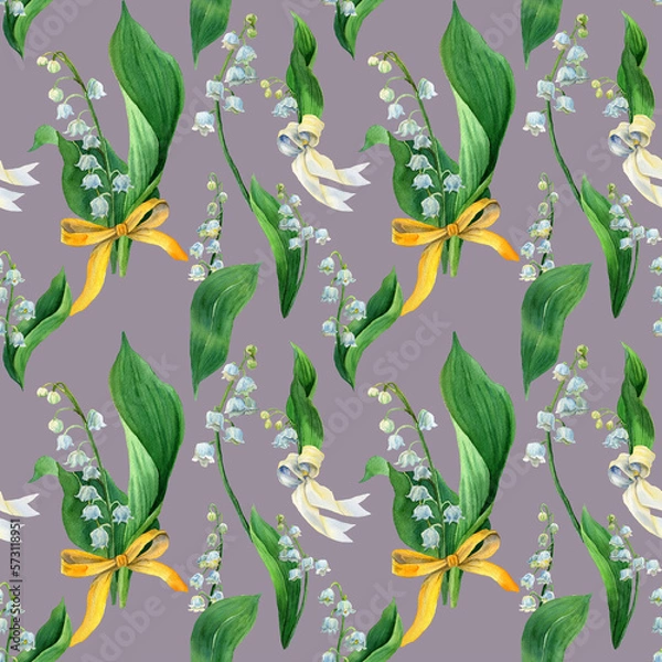 Fototapeta Watercolor seamless pattern lily of the valley, white flowers and green leaves. Botany background with first spring flower on light gray fone. Design for covers, packaging, fabric, wrapping paper.