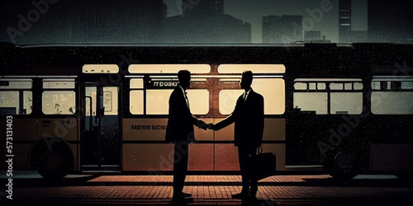 Fototapeta silhouette of two persons shake hand in business suite for a business partnership deal