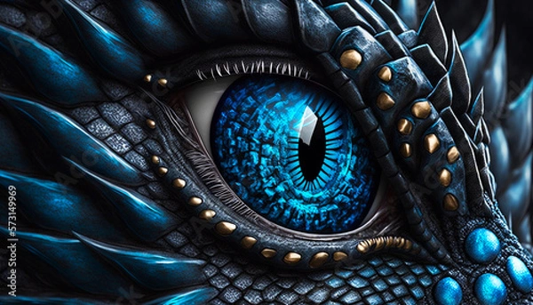 Obraz Dragon eye in close-up. Dark background. Fantasy monster looking. Realistic dinosaur eye. Macro shot of a predatory magical animal. Image AI generated.