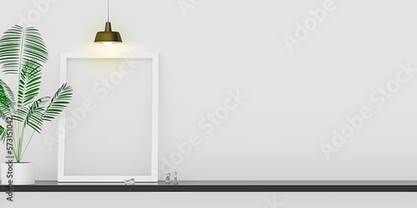 Fototapeta empty frame inside building Picture frame mockup in room and shelves with plants and decorations 3D illustration
