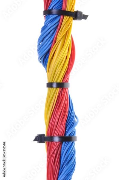 Fototapeta Electrical wires with cable ties isolated on white background