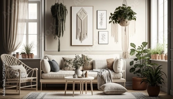 Fototapeta beautiful livingroom  interior with macrame pattern