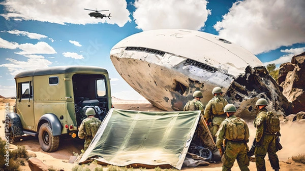 Obraz Roswell incident recovery action with old military truck some soldiers and green army tent in front of big round silver white ufo alien space ship crash site helicopter flying in sky, generative AI
