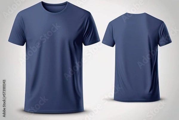 Fototapeta Dark blue blank men T-shirt template with invisible model body, empty crewneck shirt front and back view