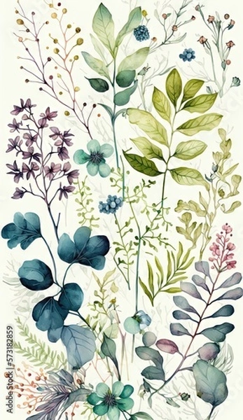 Fototapeta Modèle sans couture aquarelle avec fleurs sauvages éthérées, feuilles. Plantes sauvages, fleurs, branches. Un fond floral Nature.