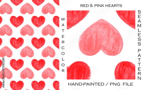 Obraz Watercolor hand-painted abstract seamless pattern of red and pink hearts, PNG file. Suitable for fabrics, prints, postcards, invitations, mobile apps, banners design, internet ads and more.