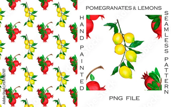 Obraz Hand-painted seamless pattern of red pomegranates and yellow lemons, green leaves, PNG file. Suitable for fabrics, prints, postcards, invitations, mobile apps, banners design, internet ads and more.