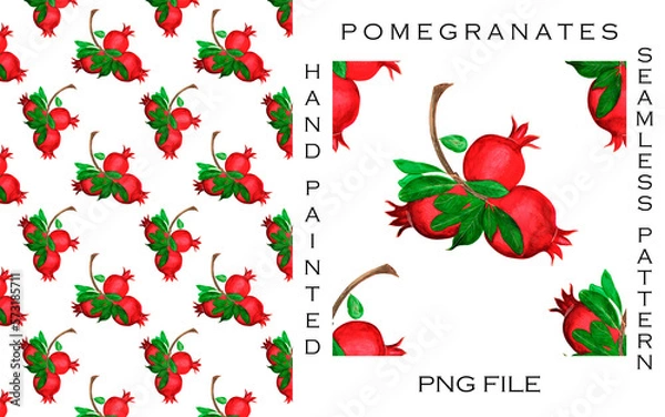 Obraz Hand-painted seamless pattern of red pomegranates on a branch with green leaves on purple. Suitable for fabrics, prints, postcards, invitations, mobile apps, banners design, internet ads and more.