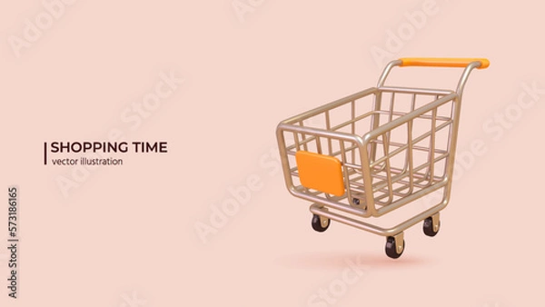 Fototapeta 3D Shopping Online Concept. Realistic 3d design of Shopping Trolley in cartoon minimal style. Vector illustration