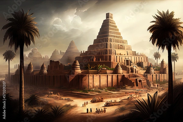 Fototapeta Ancient city of Babylon with the tower of Babel, bible and religion, new testament, speech in different languages,Illustration, Tower, Palm Tree. Generative AI technology