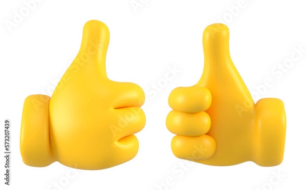 Obraz Yellow emoji hand showing thumb up or like gesture isolated. Set of different gestures icons, symbols, signals and signs of rating. 3d rendering.