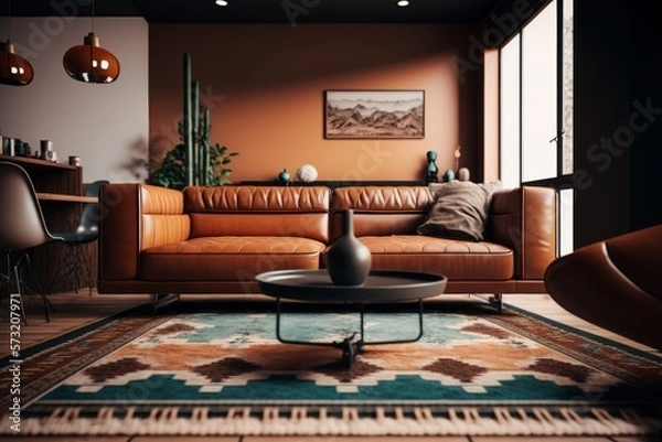 Fototapeta The design leather sofa in the living room adds a touch of sophistication to the contemporary decor and creates a comfortable seating area.