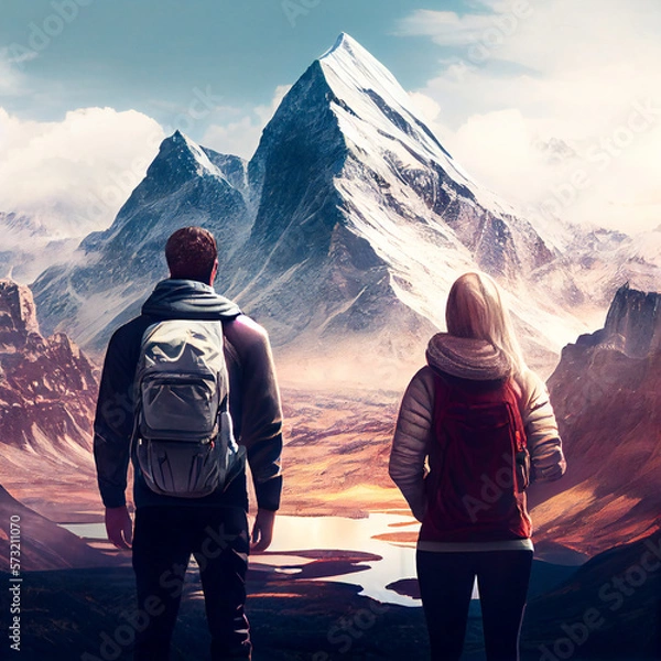 Obraz Tourist travel in the mountains. Back view. Landscape Illustration. AI Generative