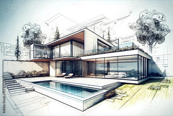 Fototapeta Sketch of building design of modern family house with roof terrace and swimming pool 