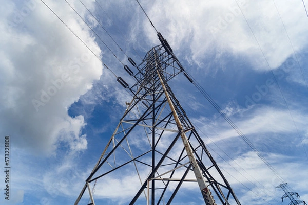 Fototapeta Structure pattern view of high voltage pole power transmission tower