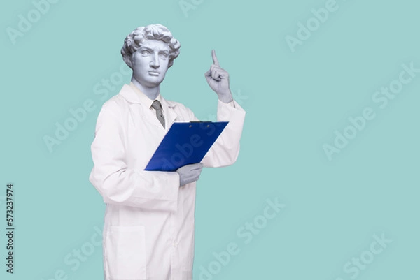 Fototapeta Abstract modern collage. The man Doctor with the plaster head of David pointing up
