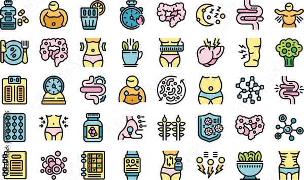 Fototapeta Belly icons set outline vector. Weight after. Fat man color flat on white