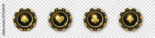 Fototapeta Diamonds, clubs, hearts, spades chips. Set of gold and black poker chips. Gambling tokens with suits for poker and casino. Vector illustration. For game design, advertising web banner and poster.
