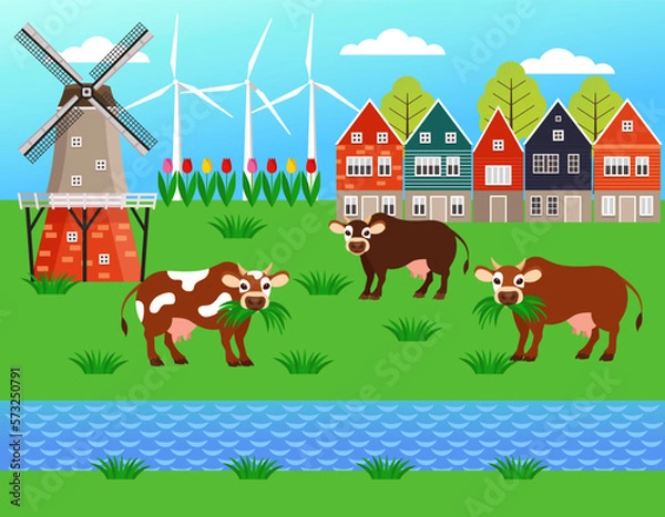 Obraz Dutch countryside. Cows in the pasture eating grass. Famous symbol of Holland, windmill with beautiful nature and houses.