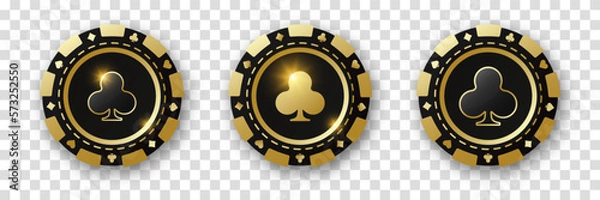 Fototapeta Clubs suit chips. Set of gold and black and poker chips. Gambling tokens with suits for poker and casino and roulette. Vector illustration. For game design, advertising web banner and poster.