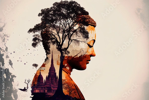 Fototapeta Buddhism, meditation. Double exposure with tree and temple. Ai generative.