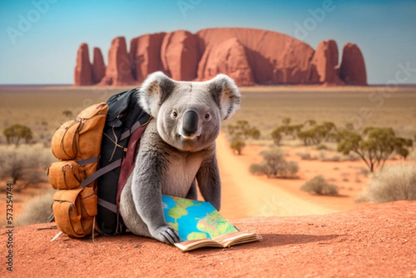 Fototapeta Koala on big adventure with backpack and map AI generated Content