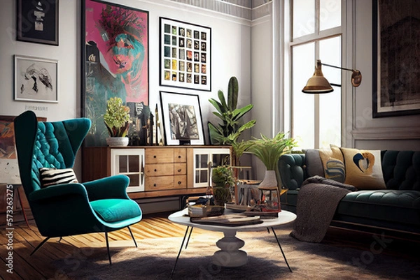 Fototapeta Interior design of an eclectic living room with a comfortable long sofa and armchair | Modern and luxurious living room with a long sofa, sleek coffee table and armchairs | Generative Ai